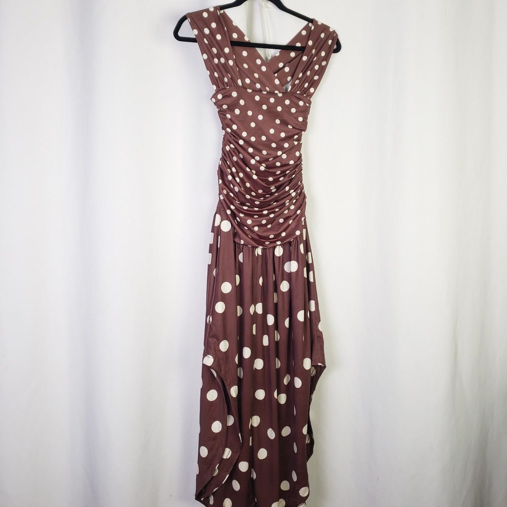 Free People Size L Brown Square Neck Raylon Variegated Polka Dot Midi Dress - Picture 5 of 9